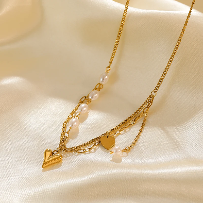 GANEMLY 316L Stainless Steel Heart Love Pendant Necklace For Women Fashion Pearl Neck Chain Waterproof Jewelry Gift Collar