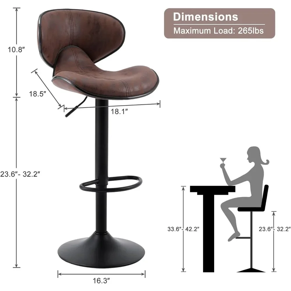 Taburete de Bar moderno sin brazos, sillas aptas para mostrador Isla de 32 "a 44", altura de mostrador ajustable, Juego de 2 Taburetes de Bar marrón Retro