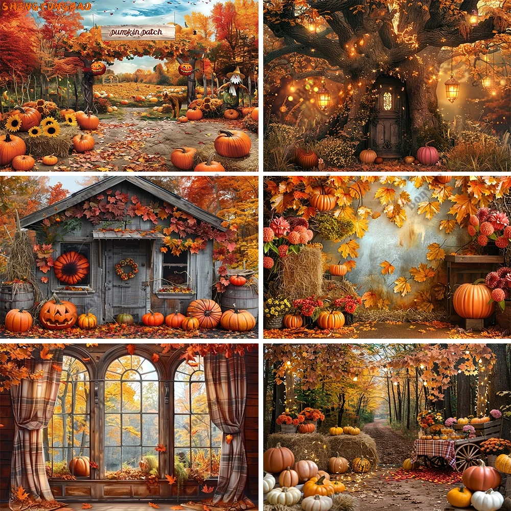 

Autumn Thanksgiving Day Photography Backdrop Fall Pumpkin Barn Thanksgiving Harvest Party Baby Portrait Photo Background