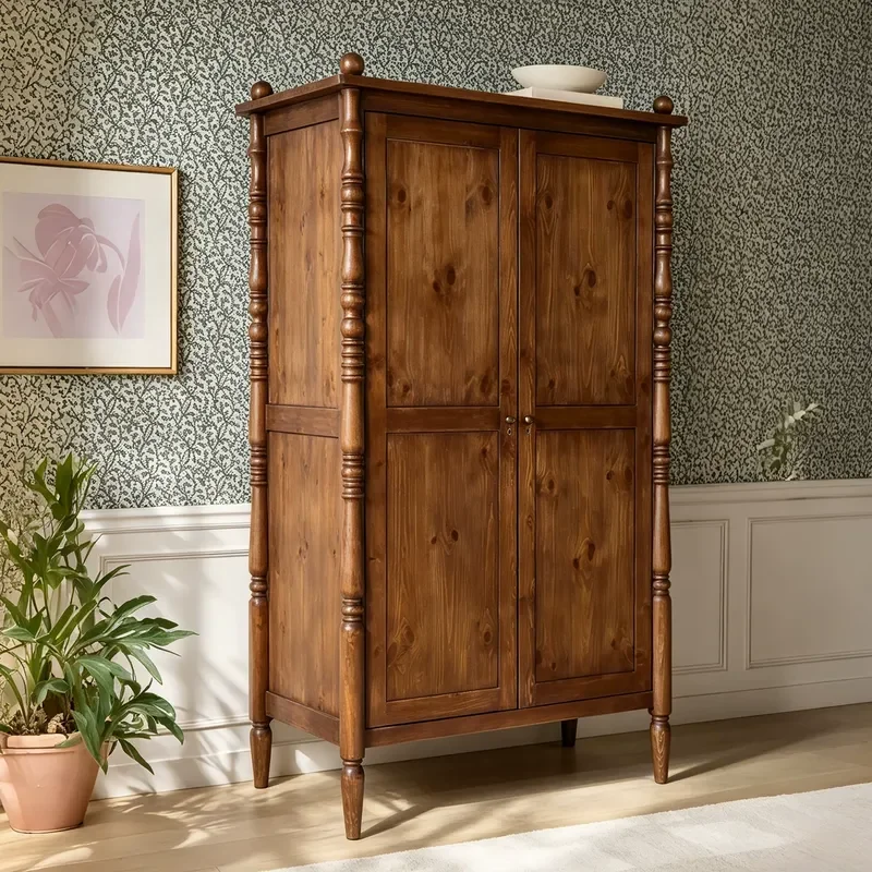 Retro Solid Wood Wardrobe Double Door Large Capacity Bedroom Storage Cabinet Log Color Furniture