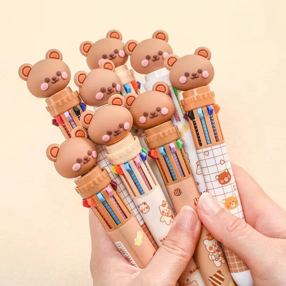 

Kawaii 10-цветная шариковая ручка-пресс с мультяшным медведем, красочные чернильные гелевые ручки 0,5 мм, инструмент для письма для студентов, школьные и офисные принадлежности