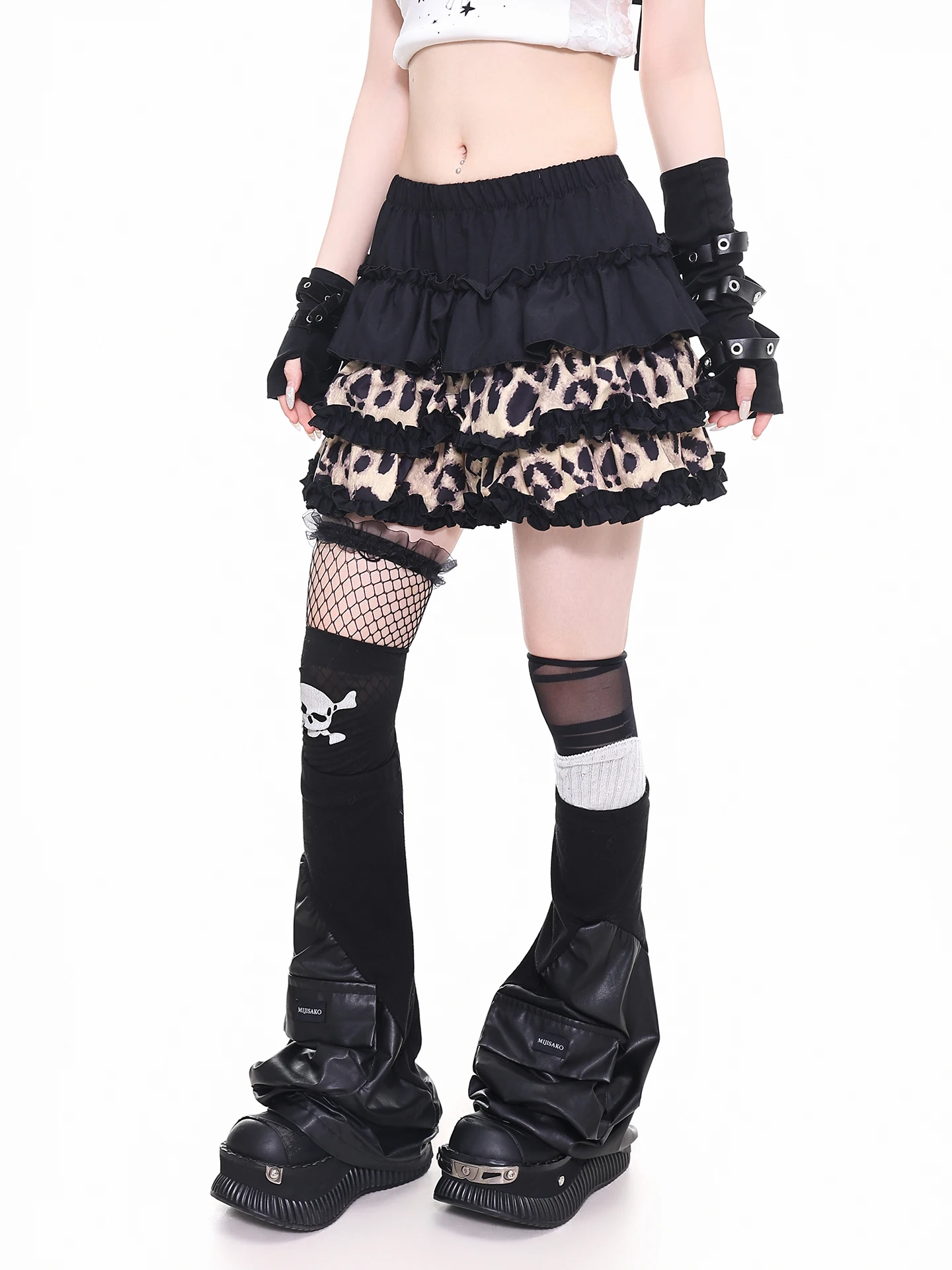 Orange Marmalade YO Light Retro Leopard Print Patchwork Puffy A-Line  Skirt Anti-Light High Waist Cake Skirt Short Skirt