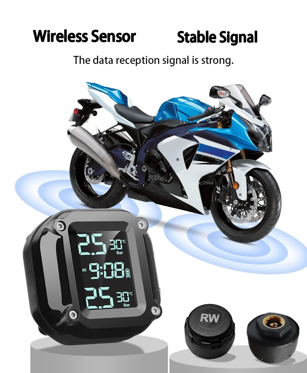 Motorcycle Wireless TPMS Real Time Alerts Waterproof LCD Display External Sensors Tire Pressure Temperature Monitoring System