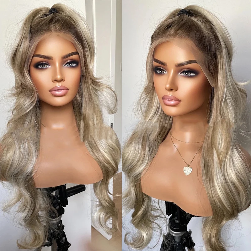 Gemengde Ash Platina Blonde Synthetische Lace Front Pruik Donkere Wortels 13x4 Voorgeplukt Realistische Natuurlijke Haarlijn Pruik Voor Vrouwen Dagelijks gebruik