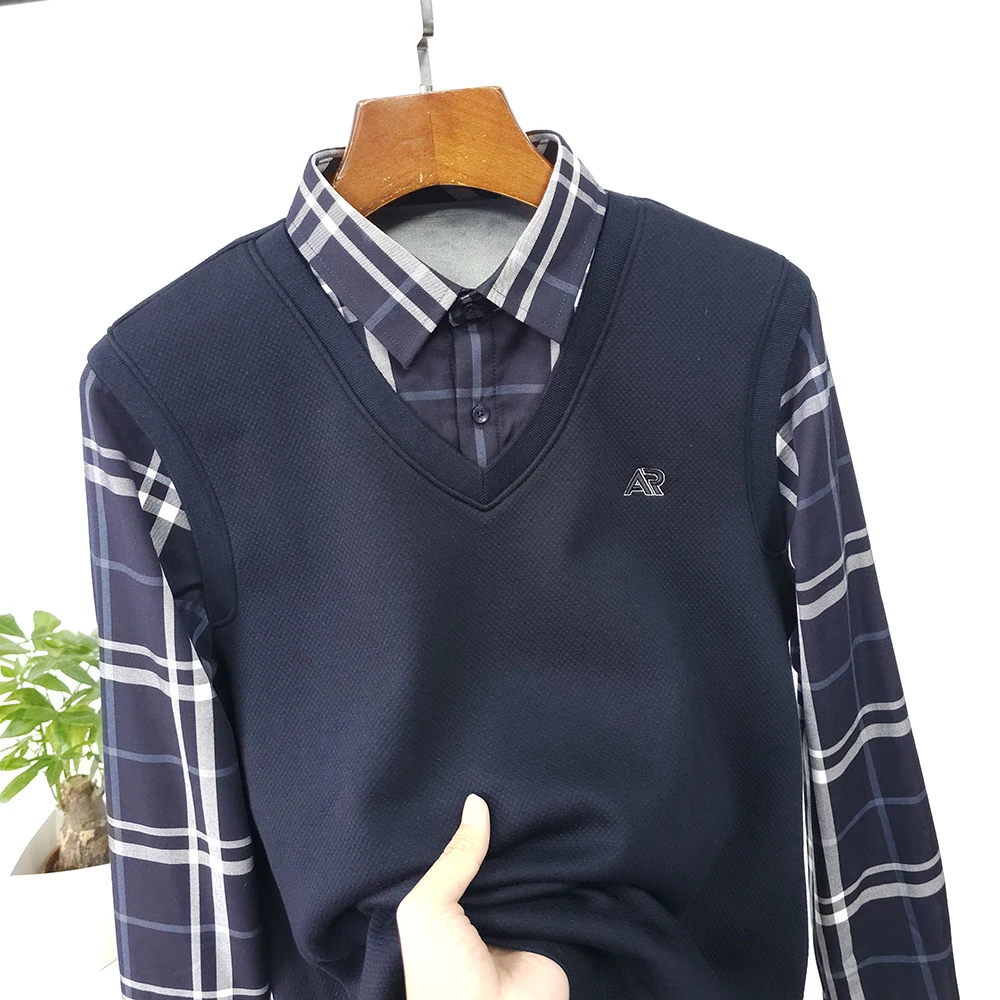 

Мужской вязаный свитер Faionable Urban из модала с начесом, зимний, с воротником-стойкой, имитация двухслойного кроя, повседневная одежда