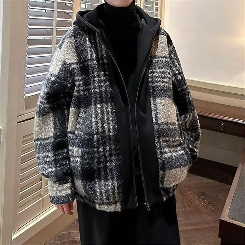 

Осенняя мужская повседневная универсальная куртка с капюшоном в клетку, имитация двухслойного пальто из шерстяного материала, модная модель