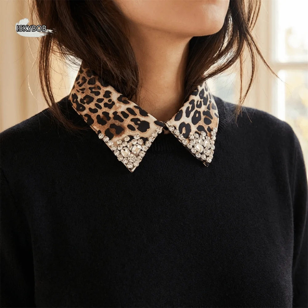 

Elegant Detachable Collar Leopard Design Sparkling Rhinestones Neck Accessory Rhinestone Lapel Animal Print