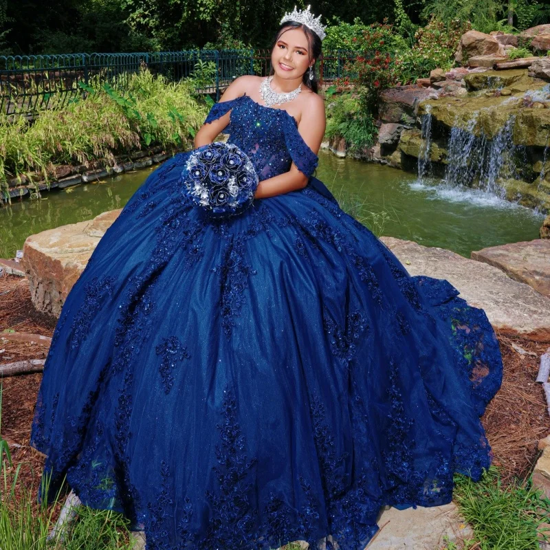 

Блестящее королевское синее платье Quinceanera с блестками, наклейка, кристалл, 3D цветок, длинный хвост, бант, Vestidos De 15, Quinceanera ﻿ Настроить
