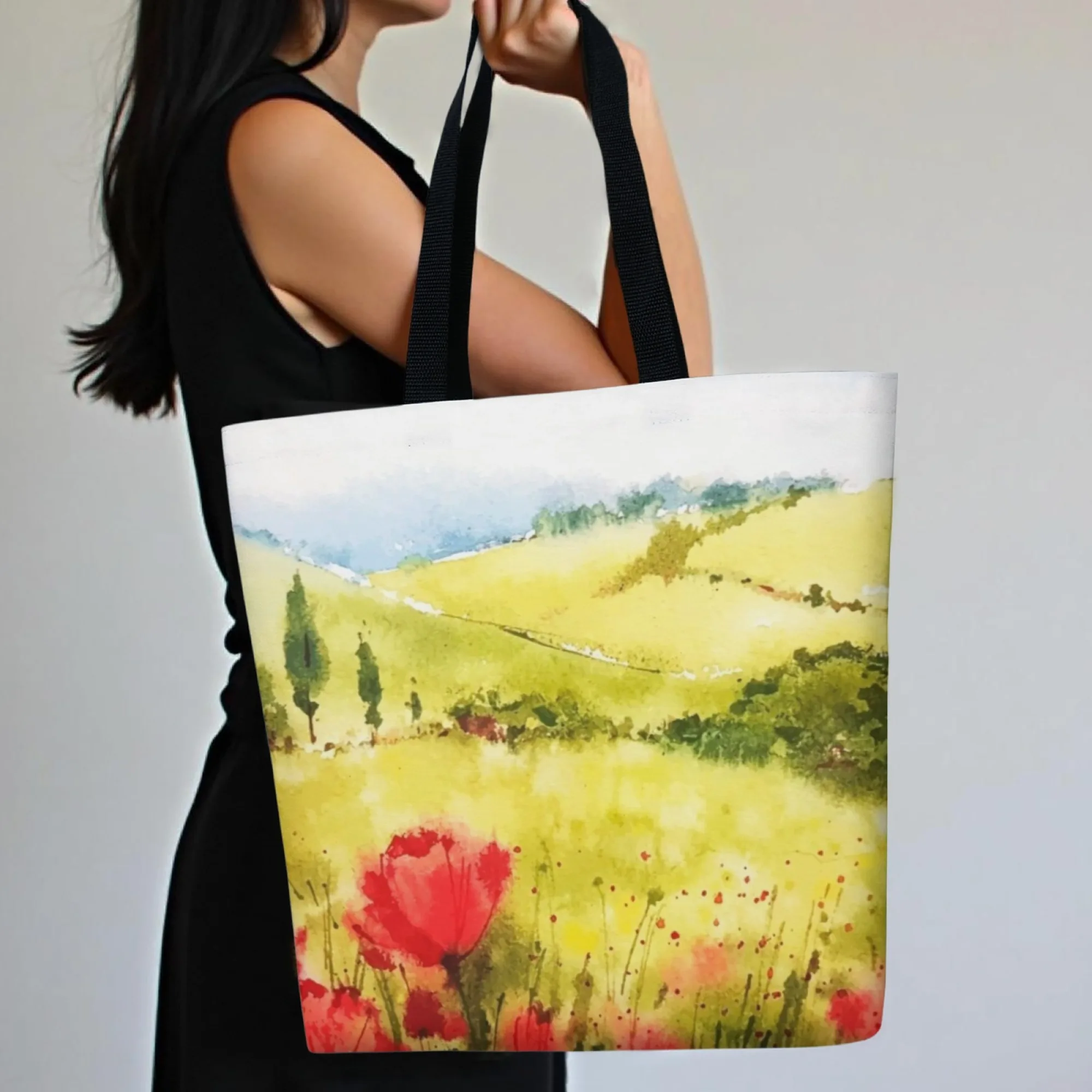 حقيبة يد نسائية ذات ألوان مائية من Tuscany Field ذات مناظر طبيعية ريفية فنية ذات سعة كبيرة مثالية للسفر اليومي والنزهات غير الرسمية #1