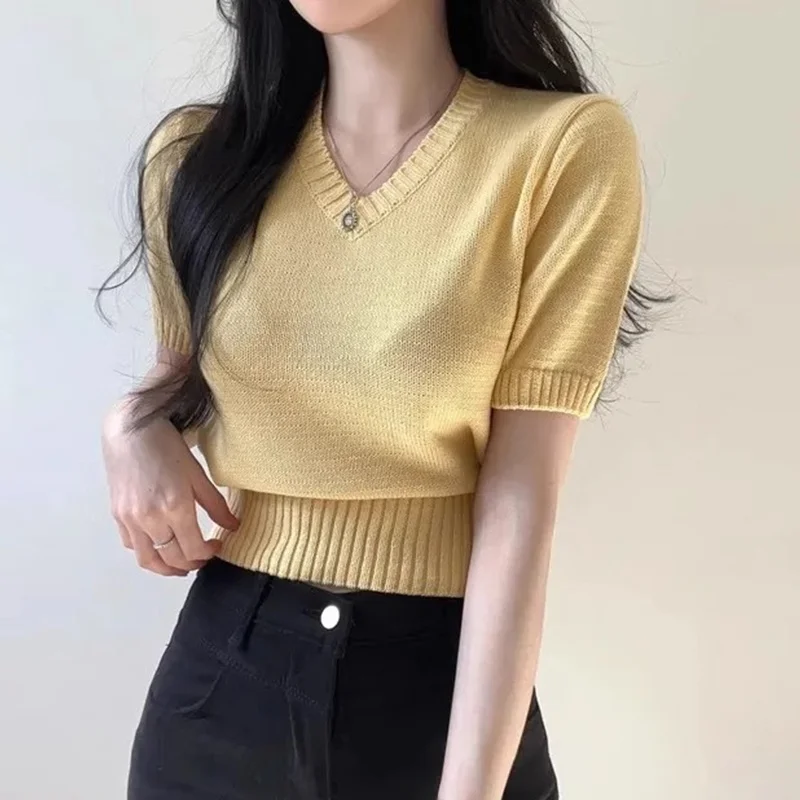 

Chic Summer Retro V-ne Dopane Color Soft Versatile Slimming ort Sve Knitted Top Korean Sle Loose Fit Single Piece