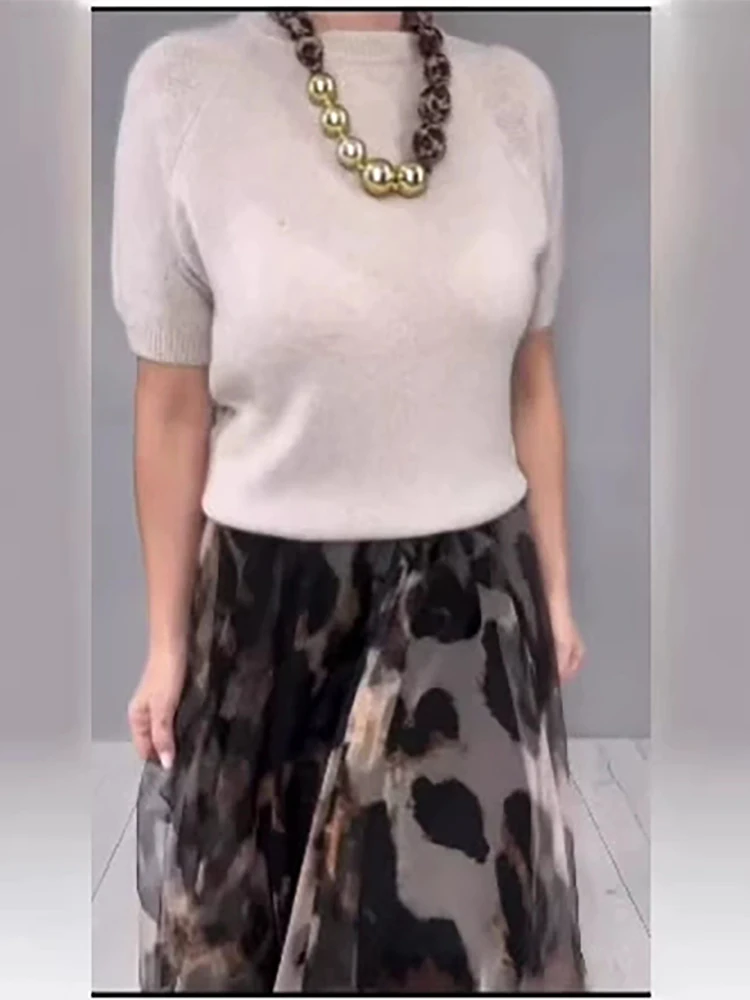 

Элегантный комплект юбок с принтом, винтажный однотонный вязаный свитер и сетчатые полуюбки, весенне-осенние новые женские комплекты из двух предметов для поездок на работу