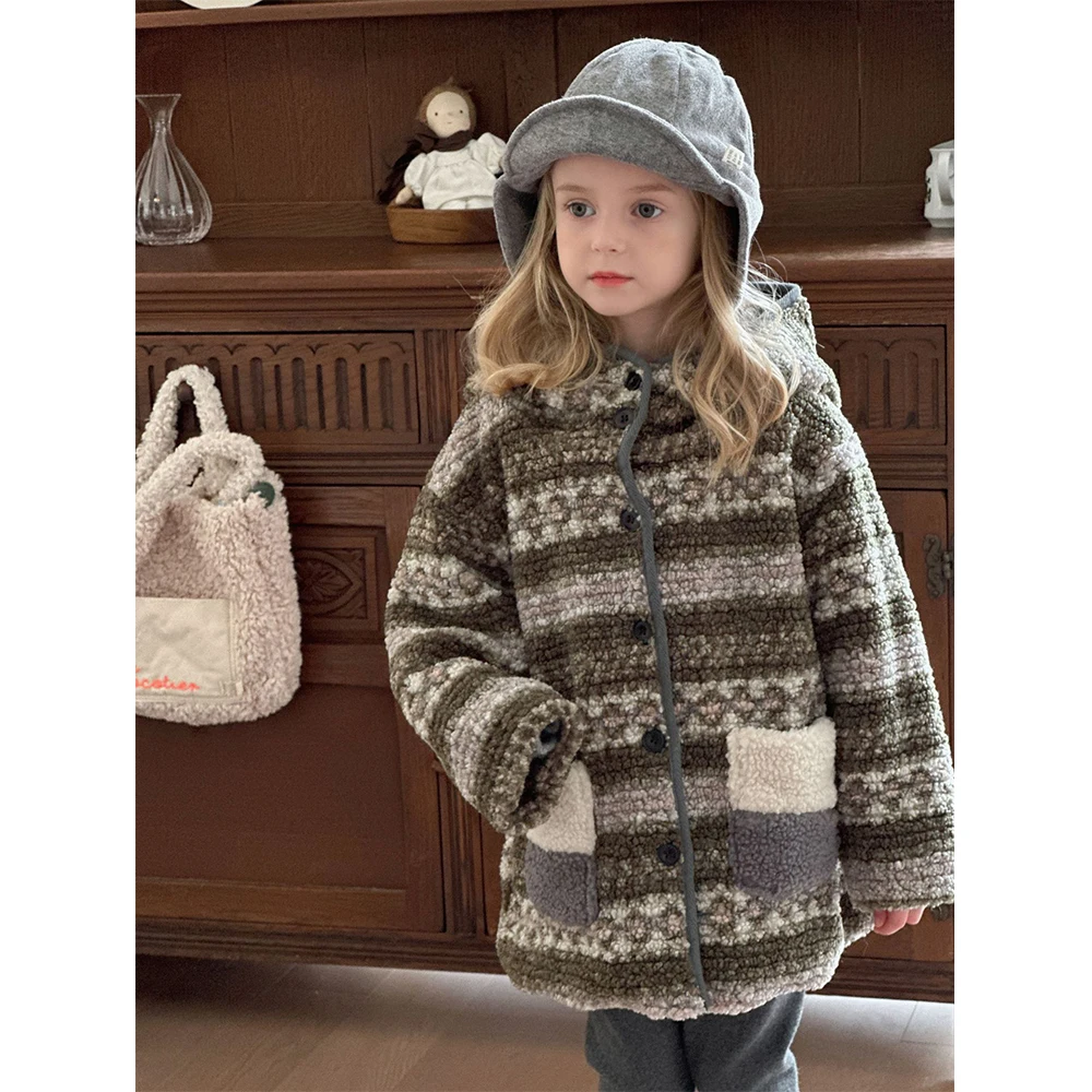 

Kids Girls Winter Lamb Fleece Long Jacket Printing Hooded Full Sleeve One Breasted Windproof Plush Coat 2-8Y Child Outerwears