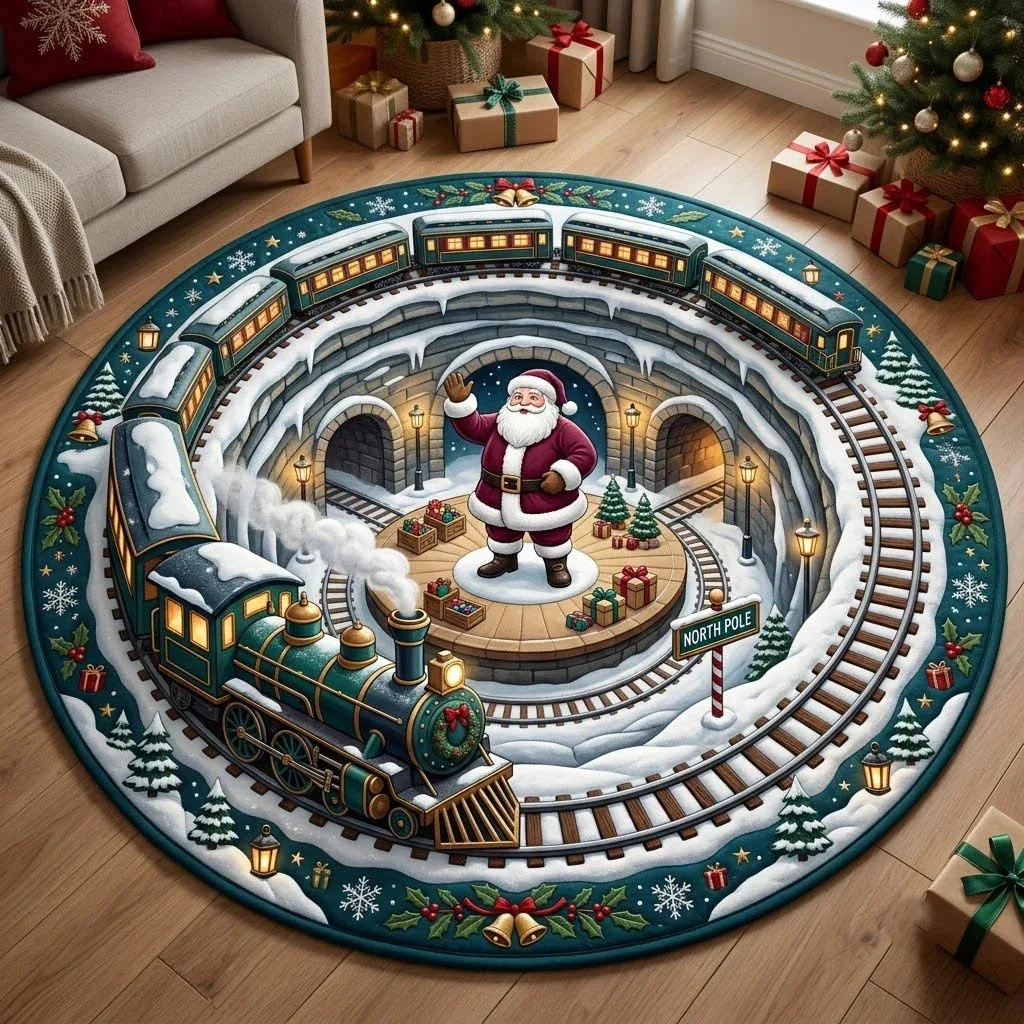 VIKAMA Brick Tunnel Gift Train Round Rug Soft Flannel Non-Slip Bedroom Bedside Living Room Christmas Carpet Cozy Warm Decor Gift