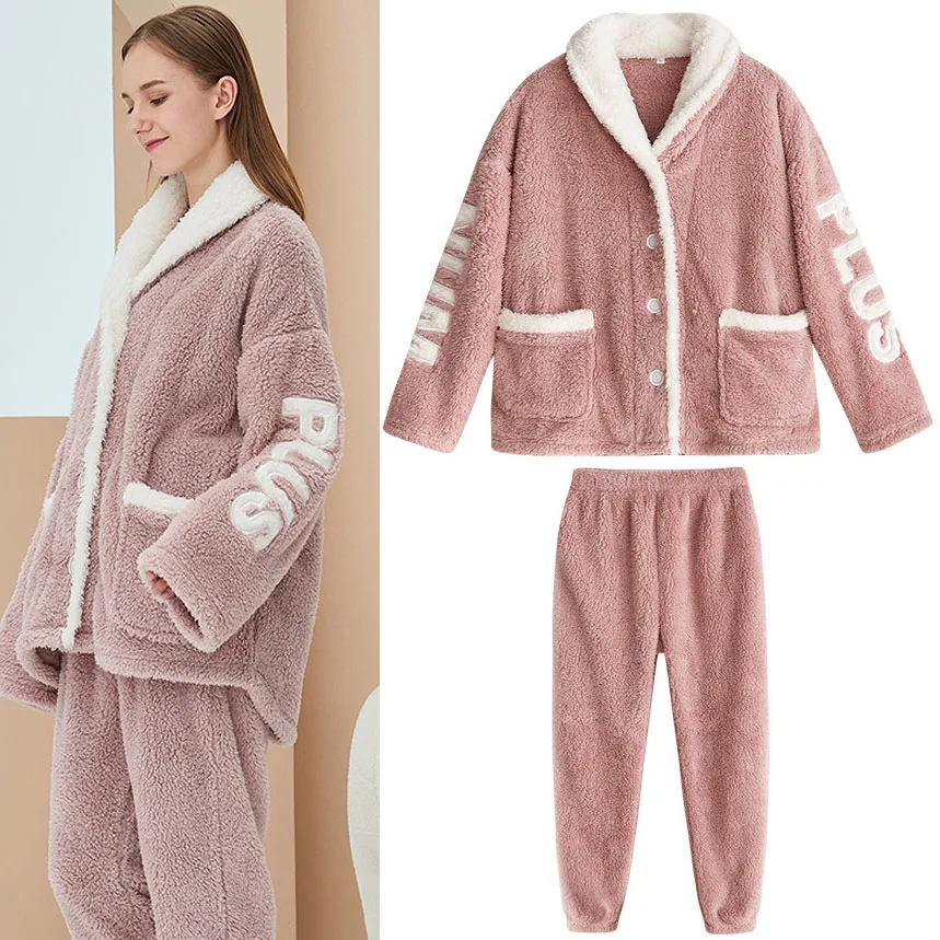 

Coral Fleece Pajamas Suit For Winter Long Sleeve Nightgown Sweet 2PCS PJS Set Lapel Home Clothes Women Flannel Thicken Sleepwear