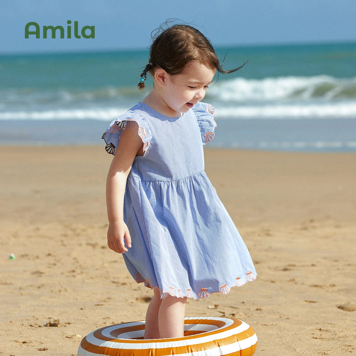 Amila Children\'s Clothing Girls Dress 2022 Summer New Small Shell Children\'s Baby Striped Short-sleeved Skirt Trendy