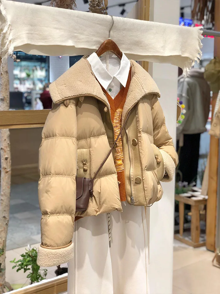 Único ort feminino para baixo jaet gola grande coreano sle casaco de inverno thiened branco du pena corte reto commute vento