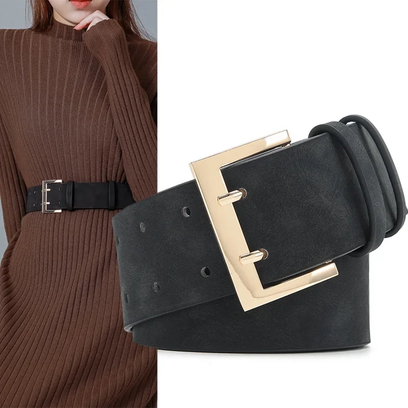 

Black PU Leather Girdle Ladies Fashion Casual Luxury Design Brand Versatile Coat Thin Waist Decoration Wide Belt for Women