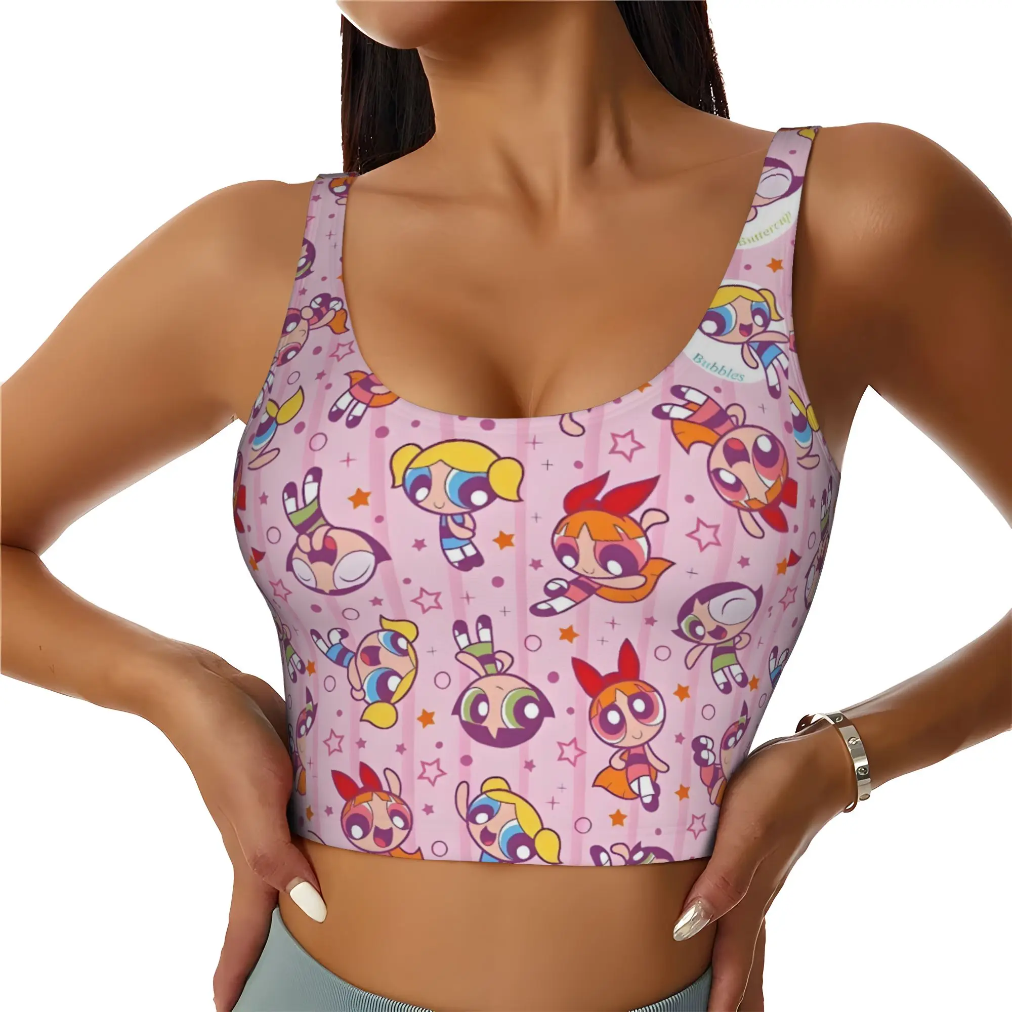 Custom Poweres Anime Puffes Workout Crop Tank Tops Women's Buttercup Blossom Bunny  Running Sports Bras