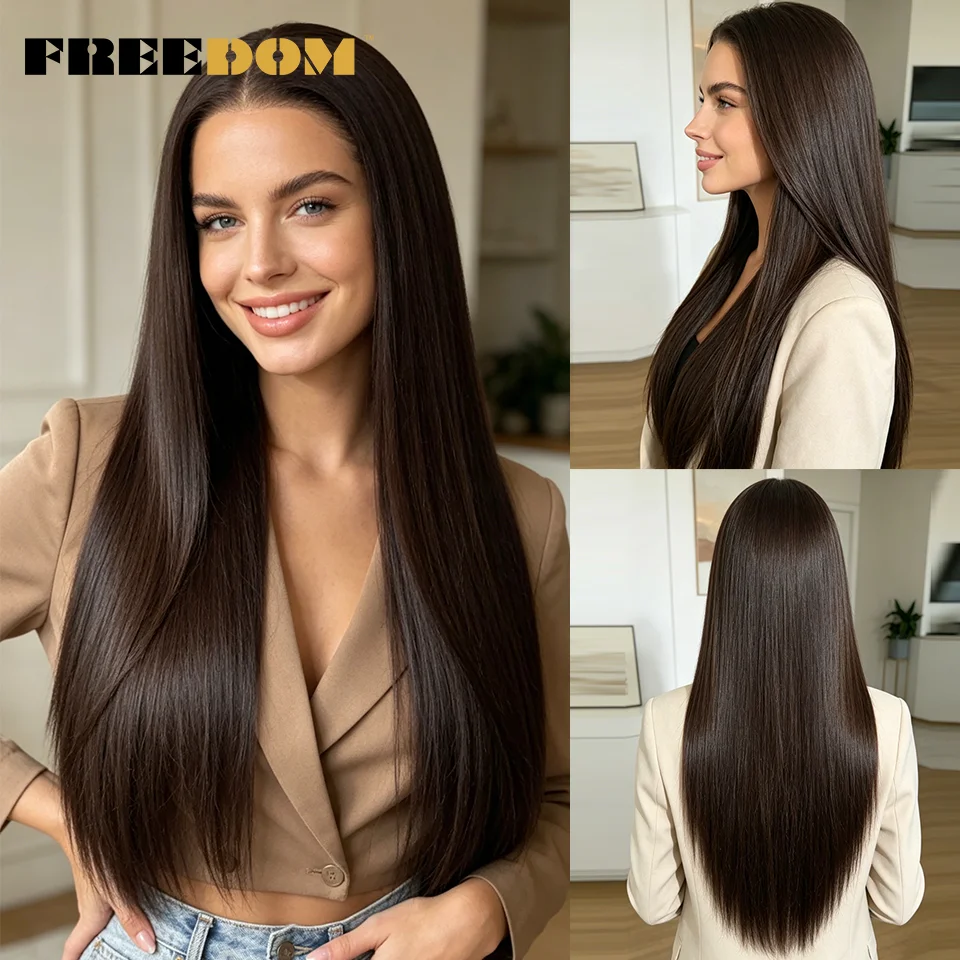 

FREEDOM 30 Inch Straight Synthetic Lace Front Wigs For Women 13X4 Pre Plucked Natural Hairline Heat Resistant Ombre Brown Wig