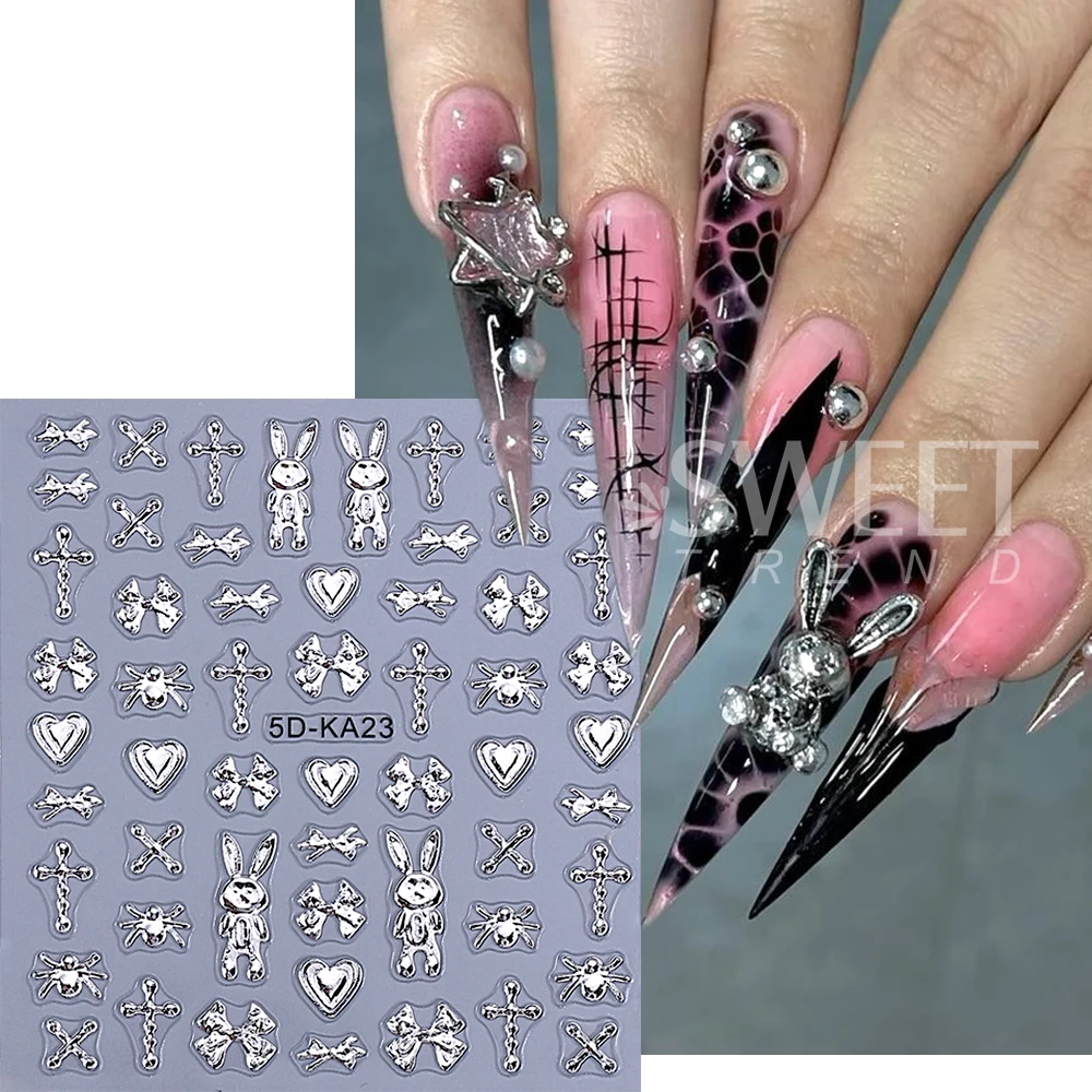 1/4 szt. Złote naklejki na paznokcie 5D z kokardką, punkowe serce/konik/pająk, ozdoby do paznokci Y2K, akcesoria do manicure, naklejki z zawieszkami