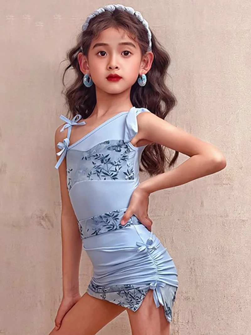Kinderen Meisjes Latin Dancewear Print Romper en Split Trekkoord Rok Kinderen Dansen Rumba Chacha Competitie Danskostuum