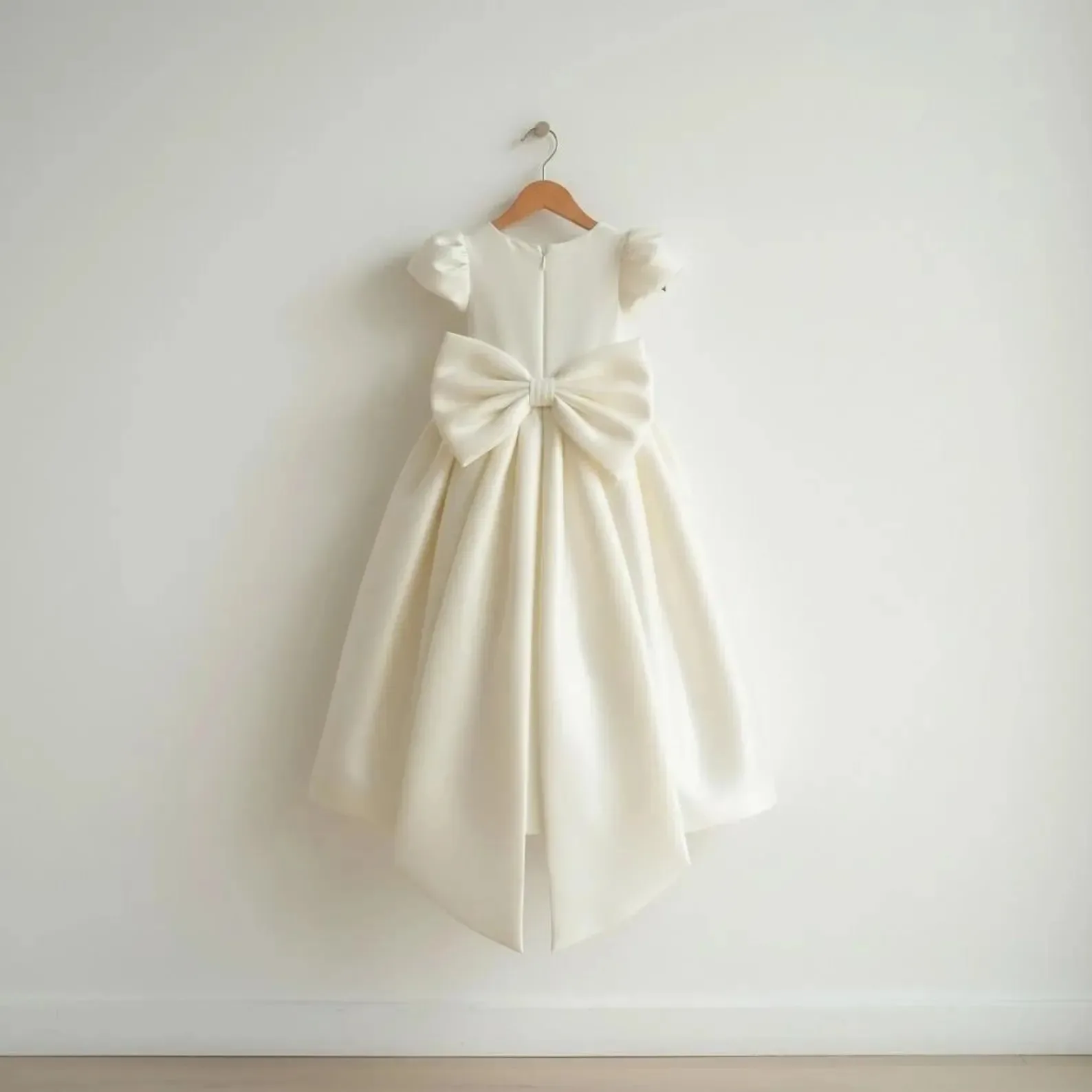 Elegantes Satin-Formelles Blumenmädchenkleid mit Rundhalsausschnitt und Puffärmeln, Erstkommunionkleid, Mädchen-Hochzeitskleid, Maßanfertigung im Großhandel – Detail 4