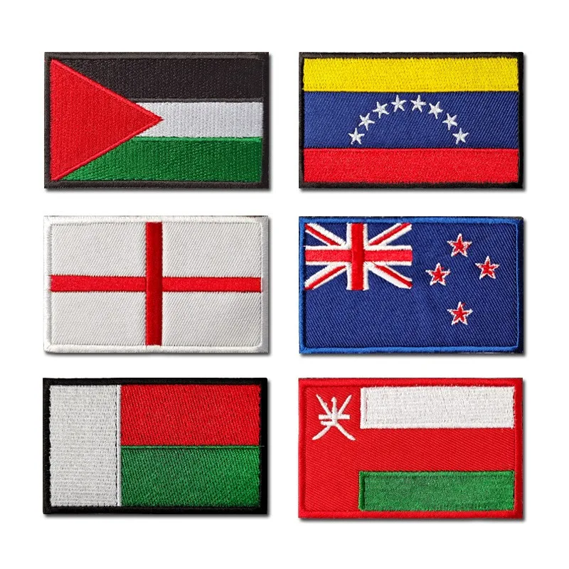 England New Zealand Flag Hook&Loop Embroidery Patch Oman Venezuela Emblem Patches for DIY Clothes Jeans Bags Coats T-shirt Hat