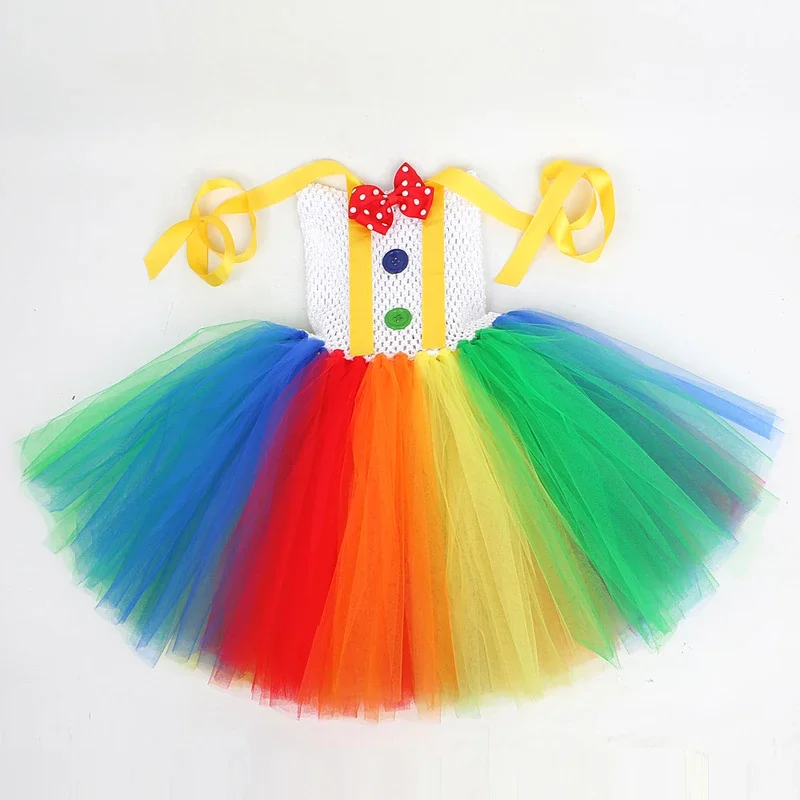 Rainbow Circus Clown Costume for Girls Funny Joker Halloween Tutu Dress for Kids Birthday Carnival Party Outfit Children Clothes