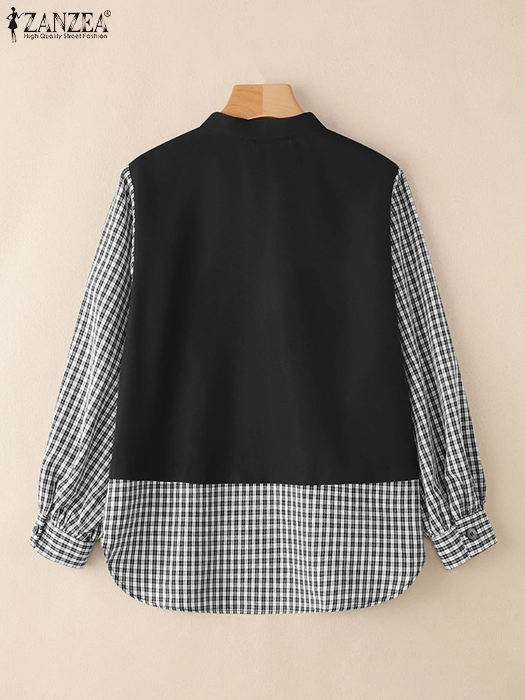 Women Autumn Patchwork Blouse 2025 ZANZEA Vintage O Neck Long Sleeve Plaid Shirt Female OL Work Pullover Mujer Casual Loose Tops