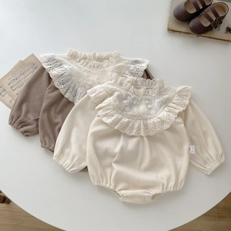 2023 New Baby Girls Autumn Spring Lace Bodysuit  Spliced Waffle Long Sleeve Romper Creeper Lovely Indoor Outdoor