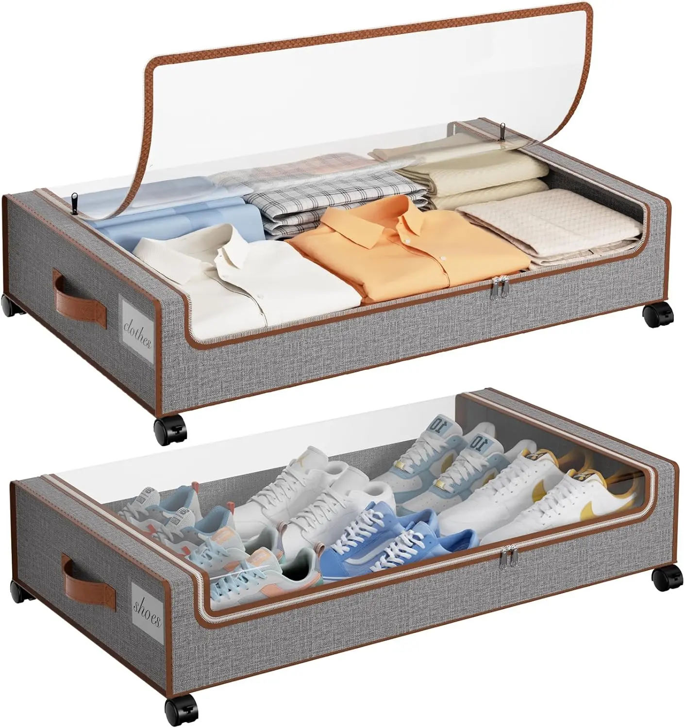 

Under Bed Storage Bins with Wheels, 2 Pack XXL Rolling Drawers with Clear Lids & Labels for Clothes, Blankets, Shoes