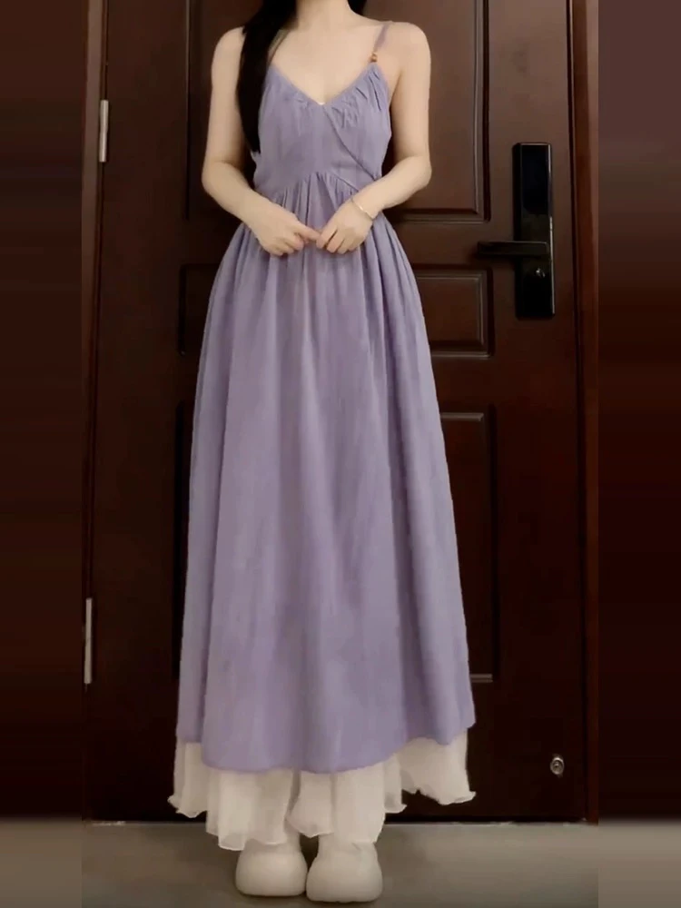 Gentle Purple Strapl Dr Women's Summer 2025 New High-End Feeling Personali Beach Vaion Long Dr Korean Sle