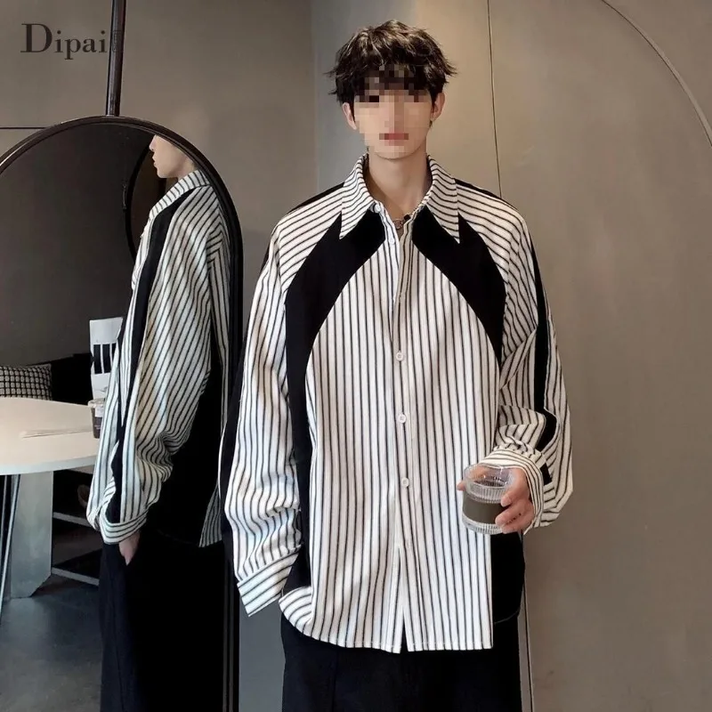 

Men's Retro High-end Vertical Striped Contrasting Color Long-sleeved Lapel Shirt Lining Layered Shirt