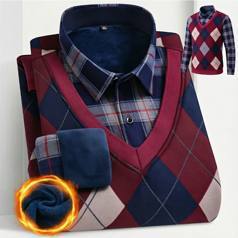 Men's New Autumn Winter Keep Warm Thickened Fake Two-piece Plaid Shirts Male Fashion Comfort Regular Slim Checked Pullovers Tops