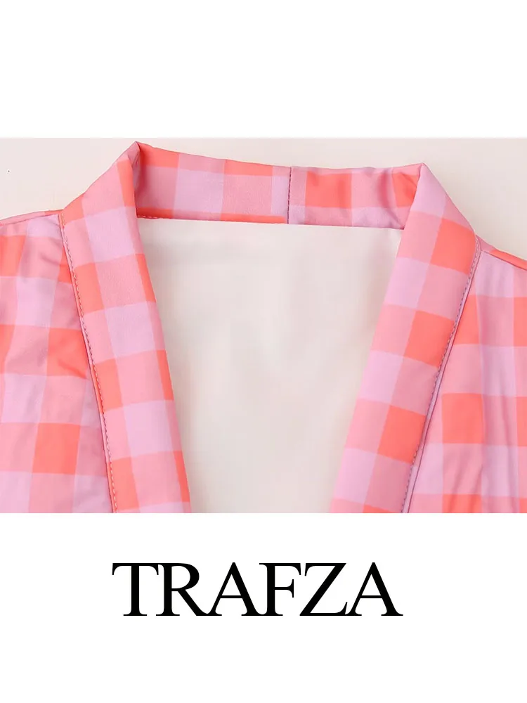 Trafza-女性用ピンクチェッカーストラップレスコート,ノースリーブ,Vネック,ポケットデコレーション,コットンパッド入り,ストリート,カジュアルジャケット,春のファッション