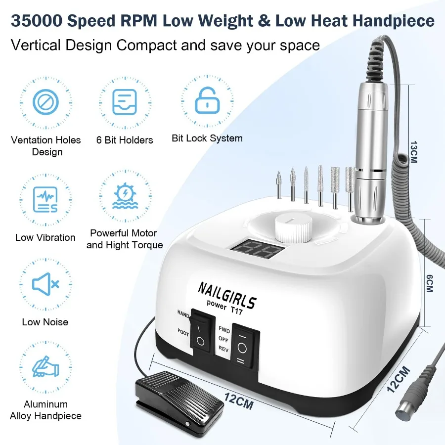 Profesjonalna elektryczna frezarka do paznokci 35000RPM z pedałem nożnym do manicure i pedicure z akrylu i żelu, wyświetlacz LCD, narzędzie Efile De