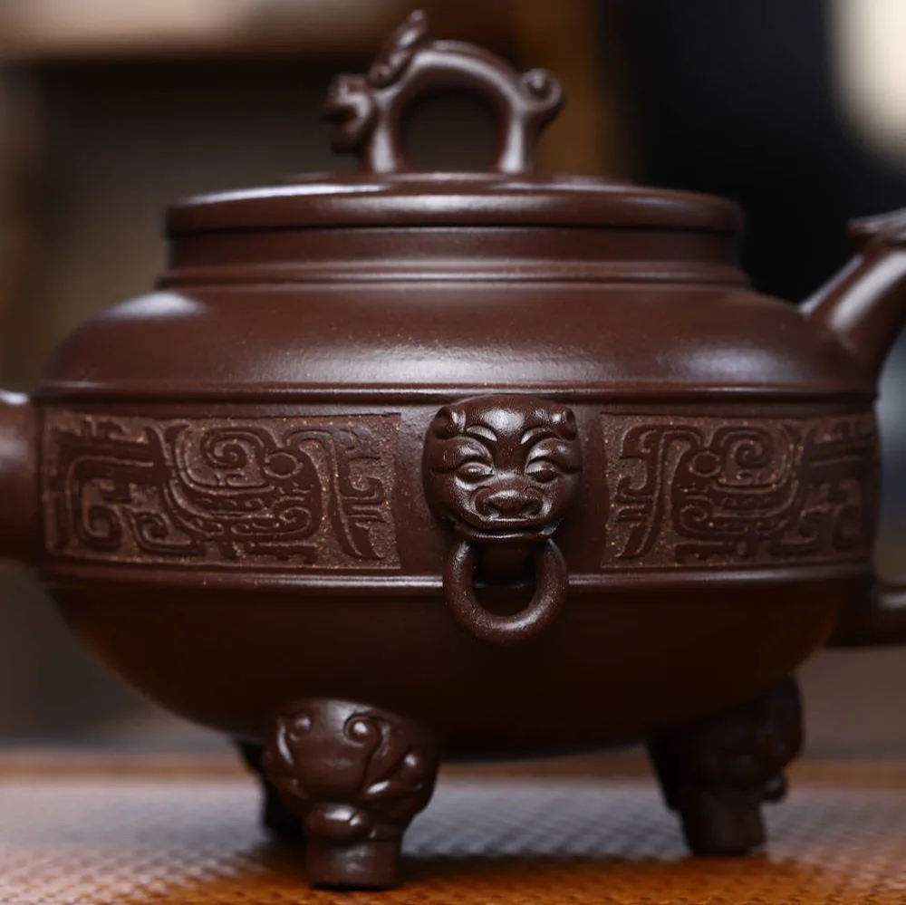 Three-Legged Yixing Teapot Set Collectible Utensil Tea Brewing Pot Hand-Carved By Famous Artisans Made From Pure Purple Cla