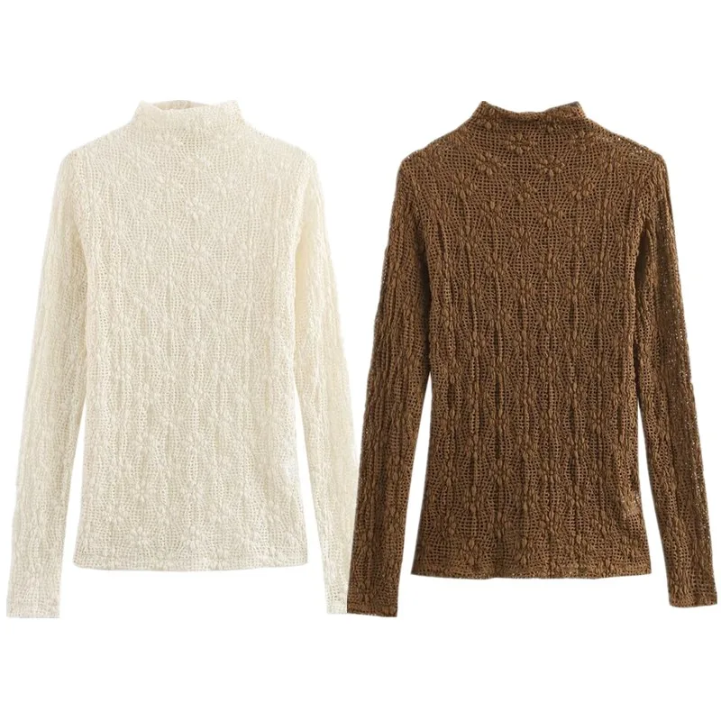 

Spring 2025 Women's Faion Lace Long Sve High Collar Basic Sle Top Versatile Ele Trendy New Arrival