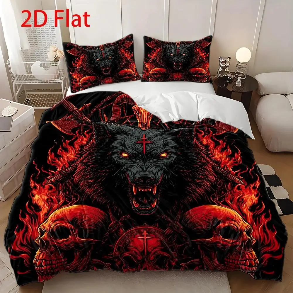 3Pcs Duvet Cover Set, 1Pc Duvet Cover and 2Pcs Pillowcases (No Filling) 2D Flat Printing, Red Wolf Head Flame Theme, Dark Gothic