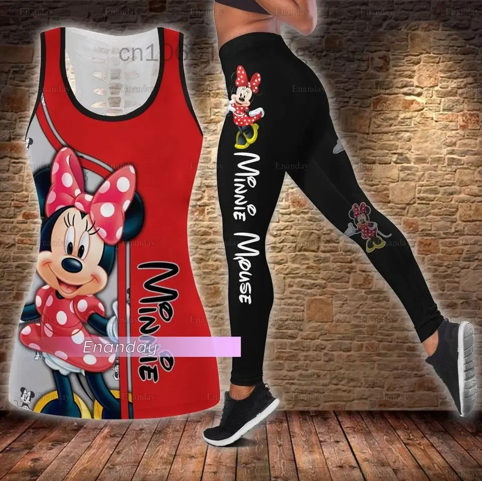 Disney Minnie Mickey Women\'s Hollow Vest Women\'s Leggings Yoga Suit Fitness Leggings Sports Suit Tank Top Legging Set Outfit