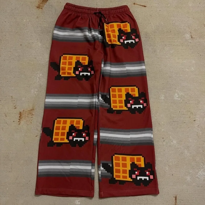 

Y2K Retro Harajuku Pixelart Evil Cat Print Lounge Pants Joggers Sweatpants Stripe Comfortable Streetwear Fashion casual pants