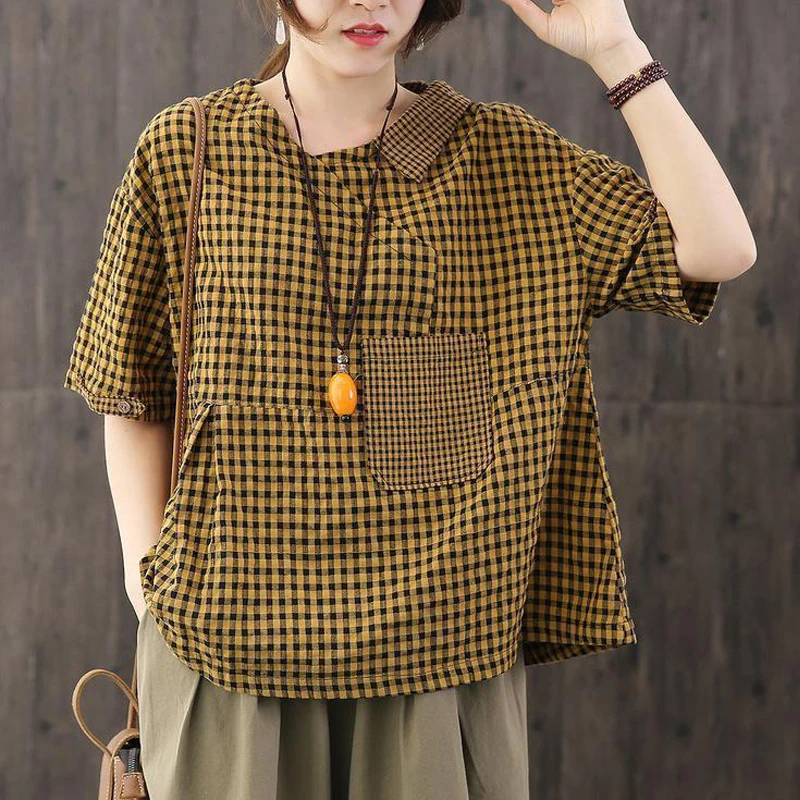 Women\'s Clothing 2023 Japanese Style Vintage Plaid Cotton Linen Streetwear T-shirts Summer Simple Casual Short Sleeve Loose Tops