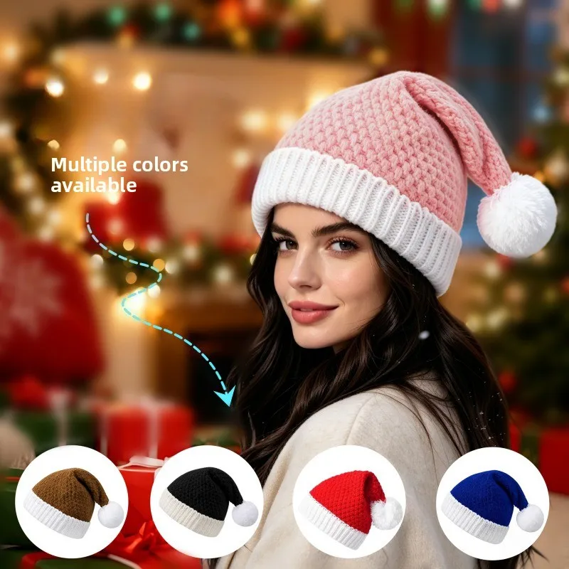 Unisex Pineapple‑Stitch Knitted Santa Beanies Women Fluffy Pom‑Pom Skullies Winter Christmas‑Party Hats Holiday‑Costume Bonnet
