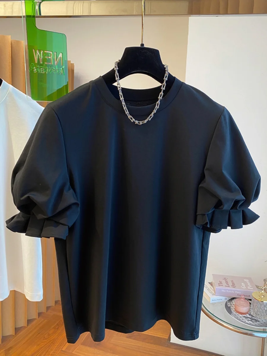 Loose Black Bubble Sleeve T-Shirt Women's Short Sleeve Basic Shirt Korean Style Floral  Cotton Polyester Blend Summer Top