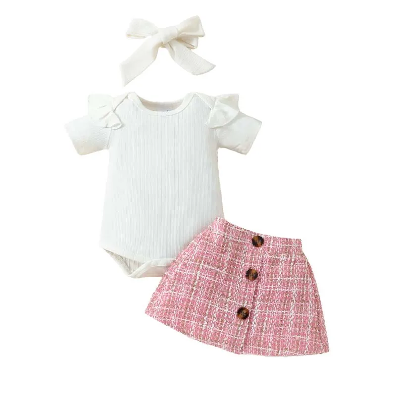 0-18 Months Newborn Baby Clothes Girl Set 3 Piece Set Solid Colour Short Sleeve Onesies Half-Body Skirt Hairband Summer Fashion