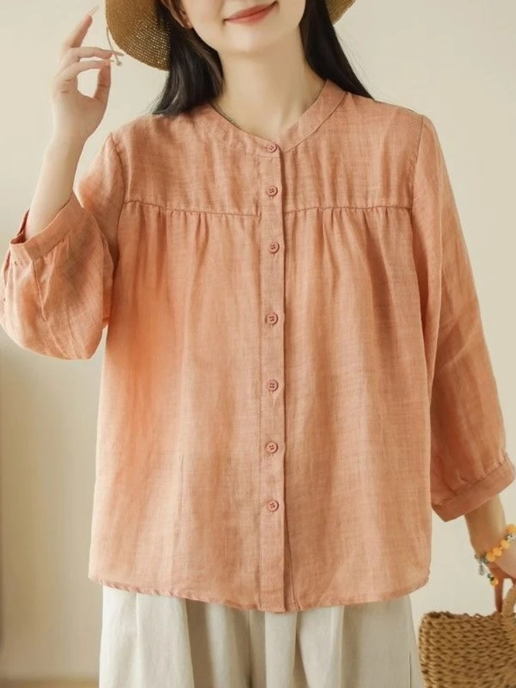 Women Minimalist Style Cotton Linen Seven Quarter Sleeve Stand Up Collar Shirt Versatile Loose Casual Cotton Linen Cardigan Top