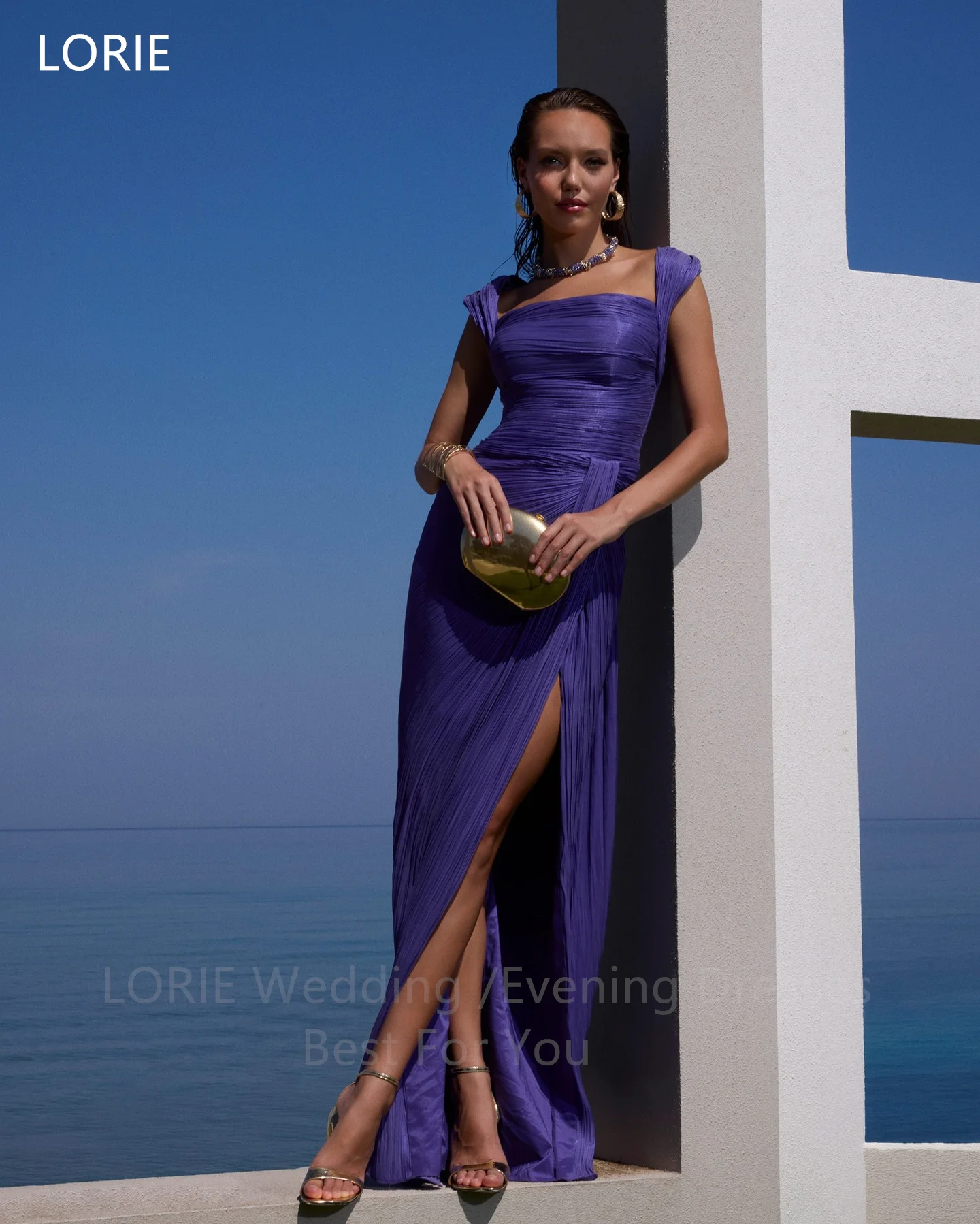LORIE Elegant Pueple Evening Dress Sexy Square Collar Side Slit Party Dresses Pleats Mermaid Prom Gowns Customized image 3