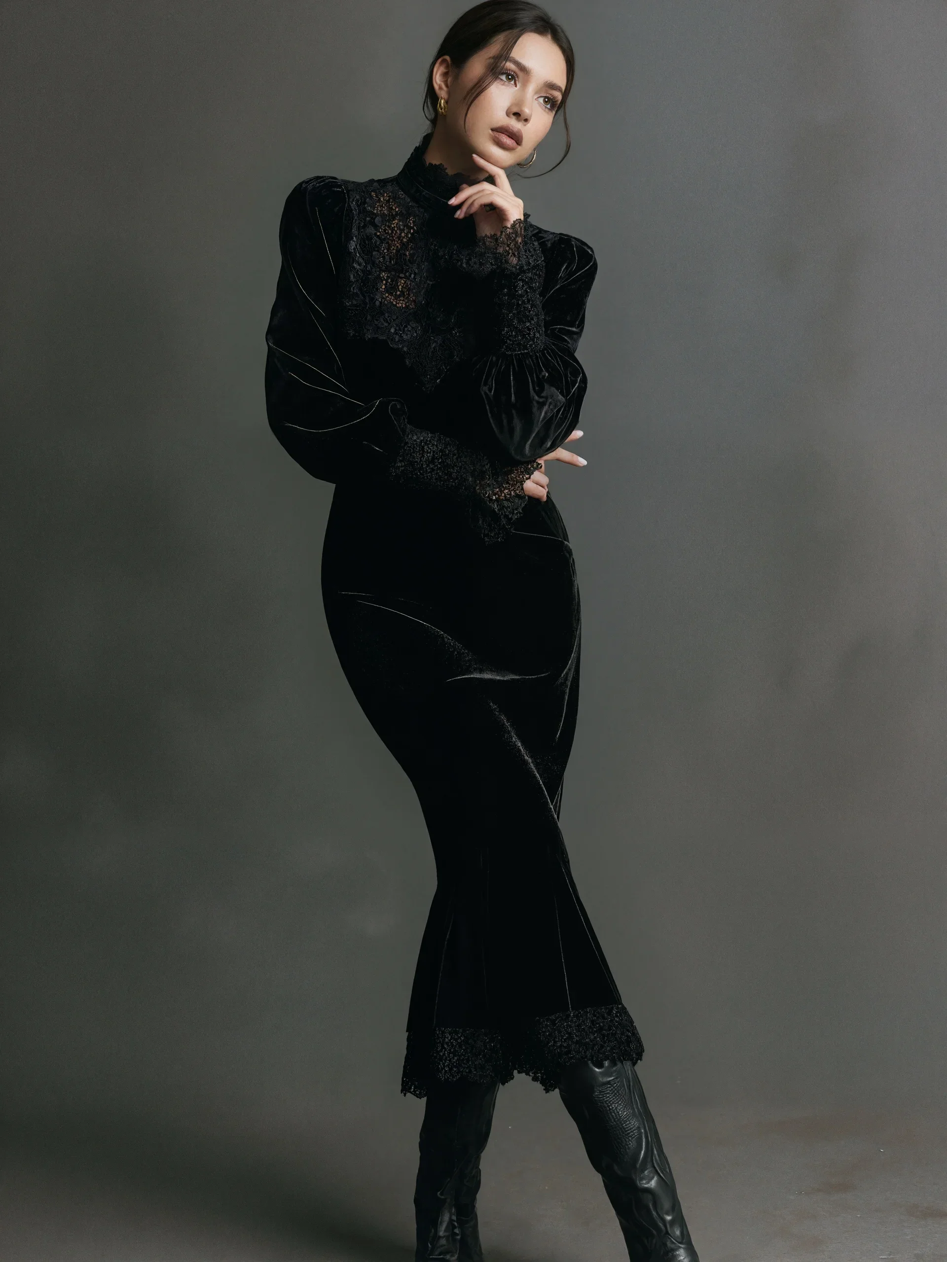 Velvet Lace Patchwork Dress for Women's Gothic Punk Puff Sleeve Lace Trim Cut Out Dress Party Vintage Autumn Long Sleeve Dress