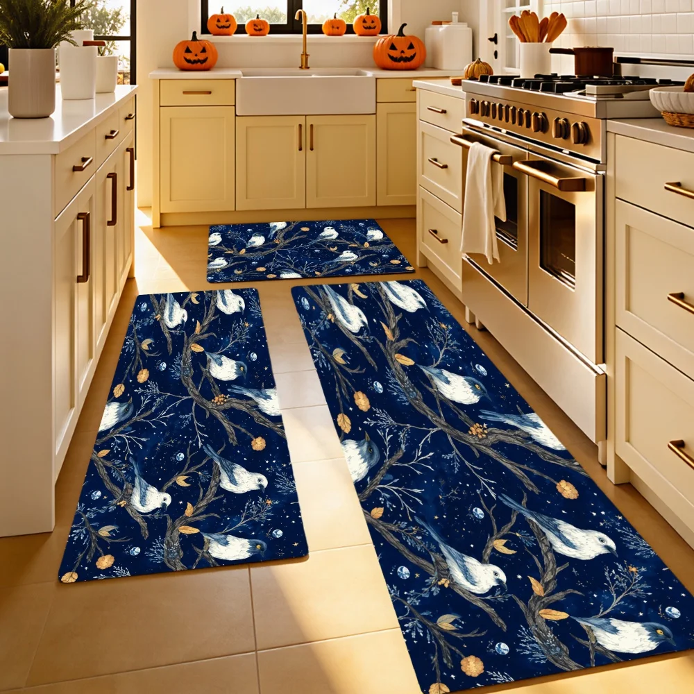 1/2/3pcs Kitchen Rugs, Welcome Door Mat Set, Home Halloween Decoration for Front Door, Kitchen, Bathroom, White Birds On Dark Blue Branches with Golden Leaves Dining Mat, Housewarming Party Gift.