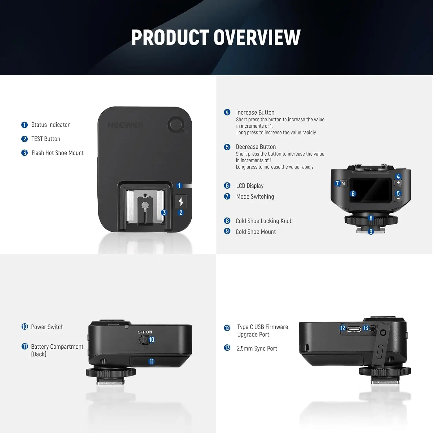 NEEWER QR 2.4G Wireless-Blitzempfänger für NEEWER QPRO-C, QPRO-N, QPRO-S-Trigger, Einzelkontakt mit 2,5-mm-Synchronisierungsanschluss, Heiße Schuhe – Detail 8